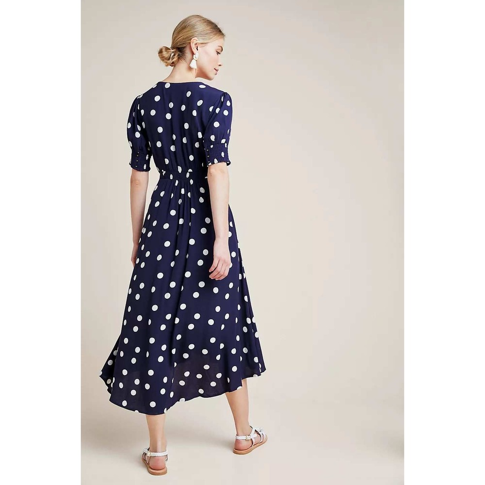 Maeve Anthropologie Polka Dot Wrap Dress Navy Blue White Midi Size 16 - Picture 2 of 11